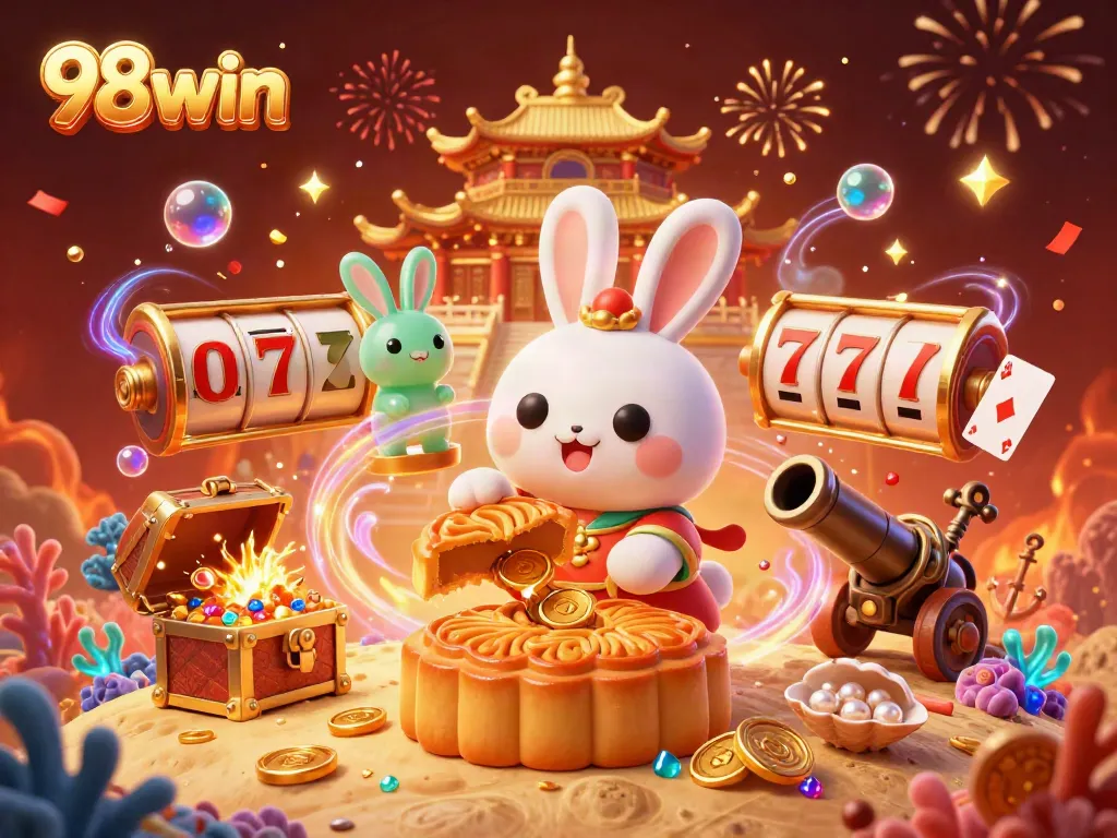 Engage in thrilling casino action with 98win's dynamic gaming scene featuring slot reels and a festive atmosphere.