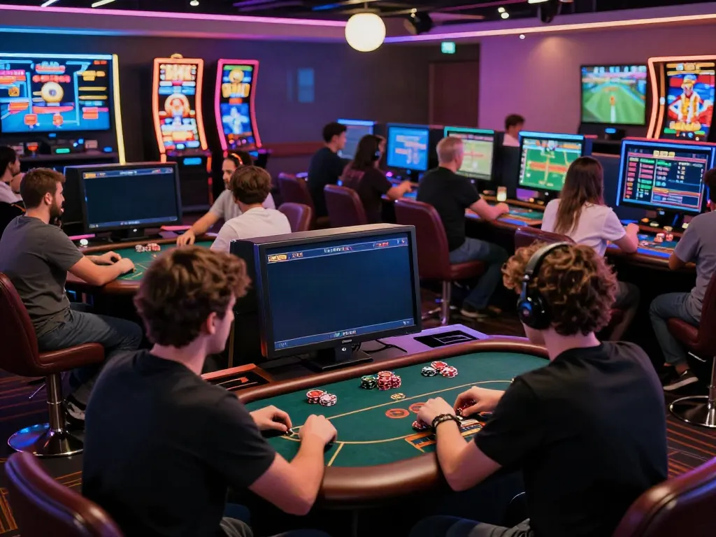 Vibrant online gaming scene with players at https://nbet.group/ engaged in casino games and sports betting.