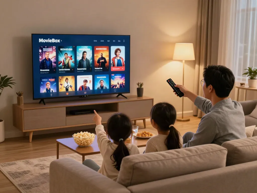 Family enjoying a movie night with the MovieBox app download displayed on TV.