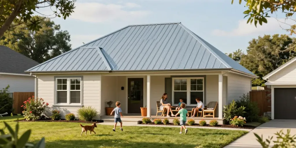 Beautiful modern home with a bright metal roof, surrounded by family and greenery.