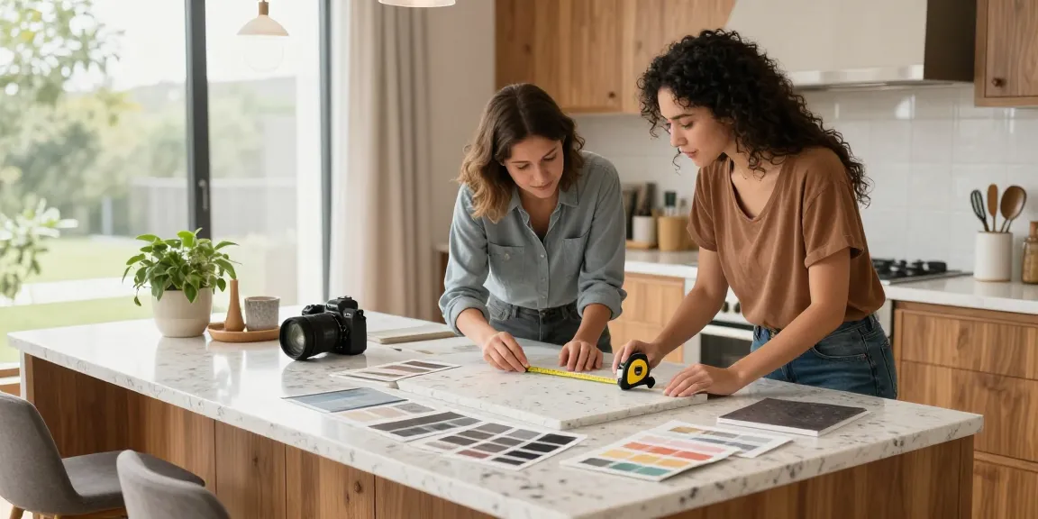 Custom countertop designers Hamilton showcasing a collaborative kitchen design experience with quartz samples and natural light.