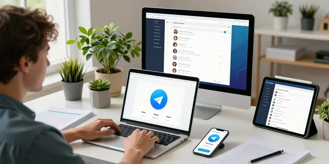 Telegram download process on a laptop in a modern home office, showcasing tech-savvy communication solutions.