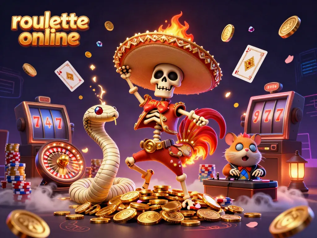 Experience the thrill of roullete online with vibrant characters dancing on golden coins.
