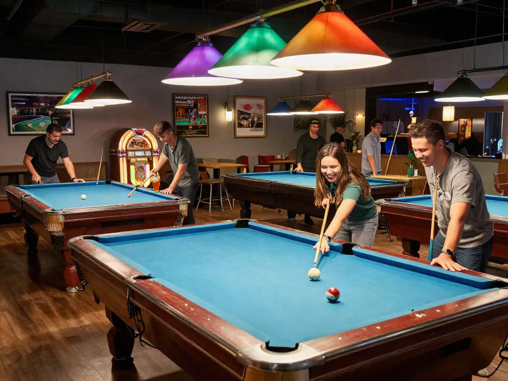 Billiard near me Mississauga - friends enjoying pool games in a vibrant hall.