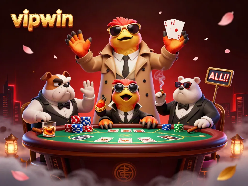 Engaging raptors in a trench coat hilariously attempting to access the vipwin casino with poker elements surrounding.