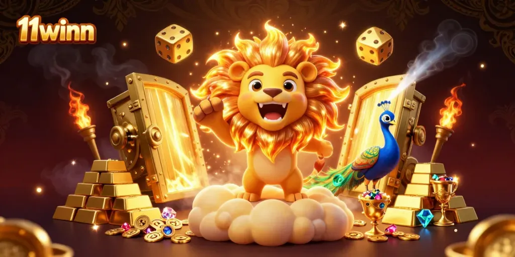 Experience high-stakes gameplay with 11winn's vibrant casino illustration featuring golden elements.