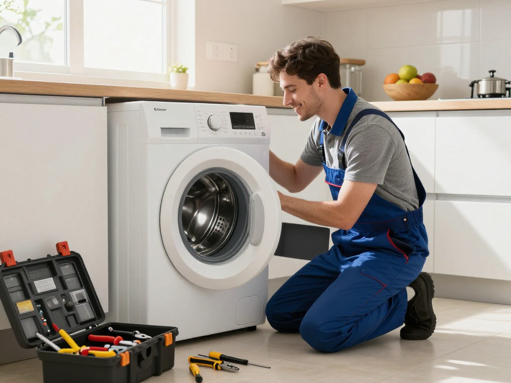 Appliance technician examining a washing machine in a modern kitchen.
