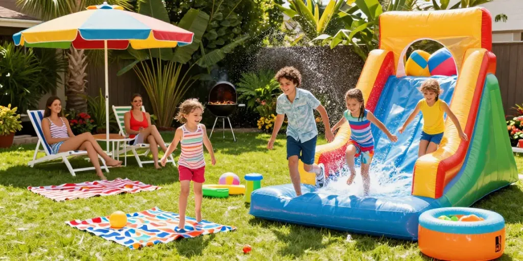 Kids splashing down a colorful inflatable water slide in a sunny backyard