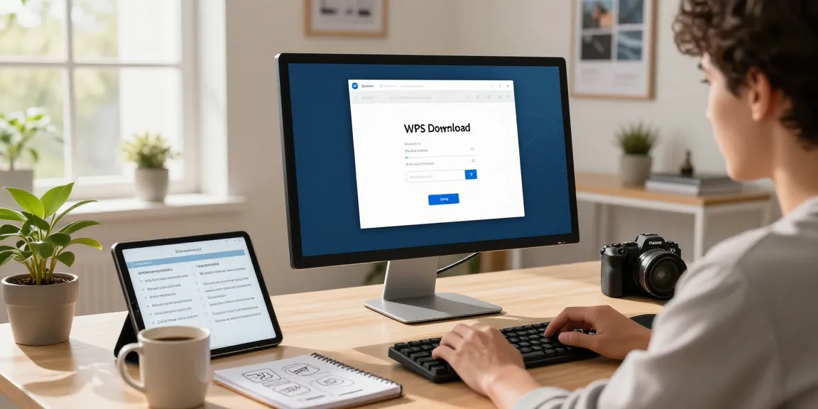 WPS Download interface displayed on a modern desk setup, showcasing software productivity tools.