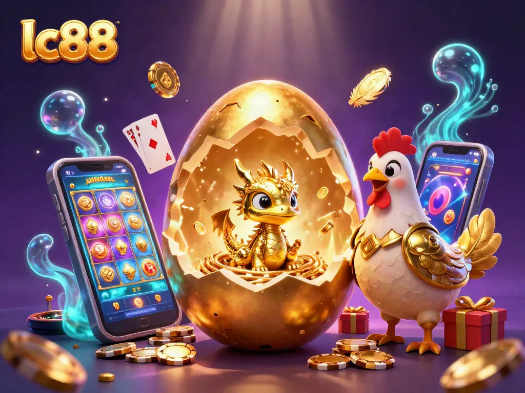 Experience the thrill of lc88 with a golden dragon amidst vibrant casino elements and gaming excitement.