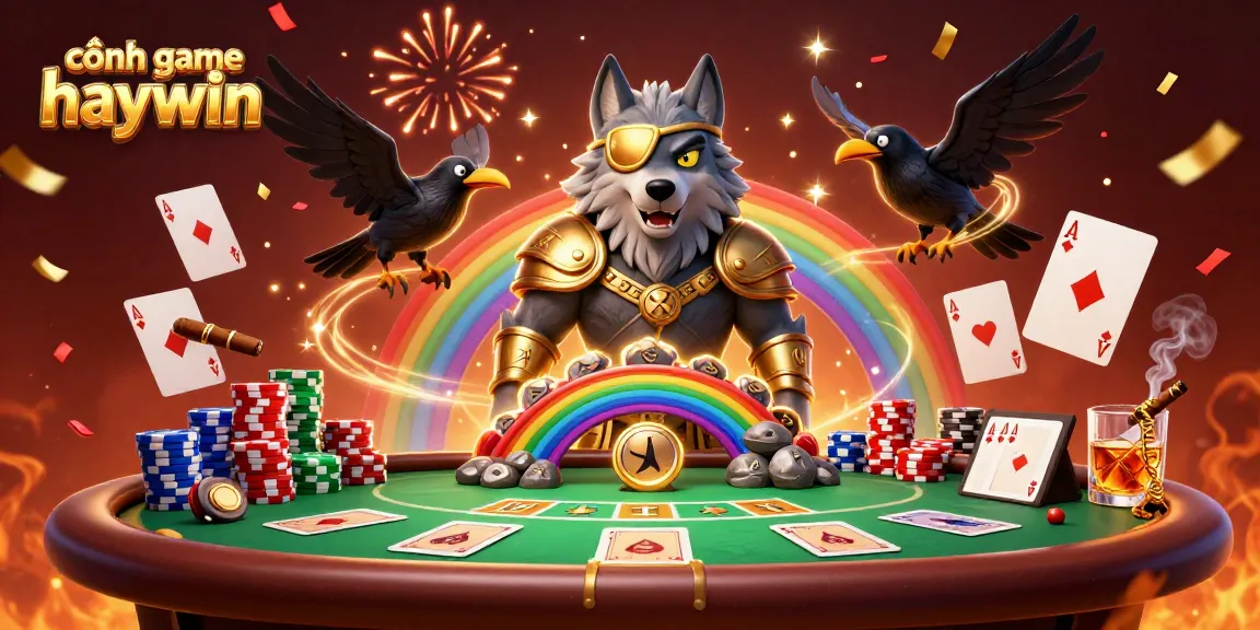 Action-packed scene of cổng game haywin featuring Odin and ravens amidst poker elements and vibrant details.